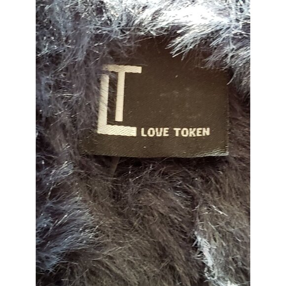 Love Token Faux Fur Vest Womens S Indigo Blue Sleeveless Jacket Groovy Long Wrap - Picture 9 of 11
